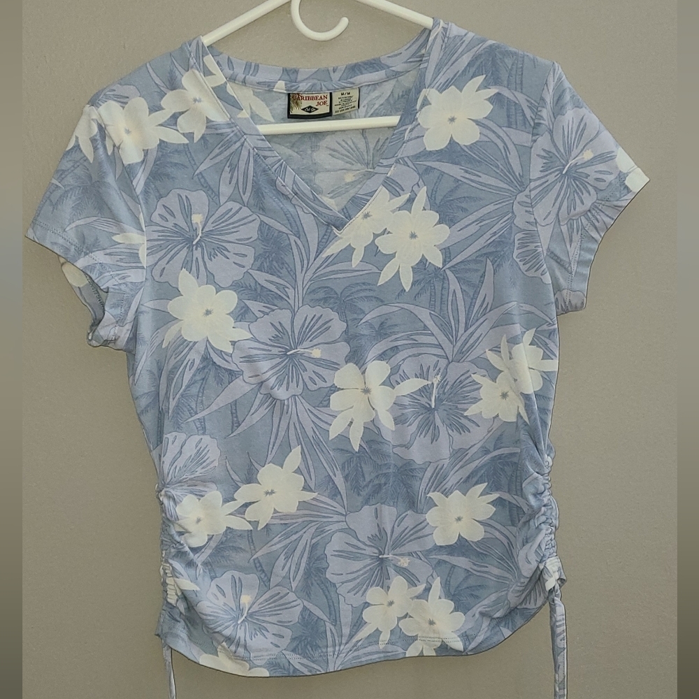 Caribbean Joe top with side ties FLORAL TROPICAL size M blue white